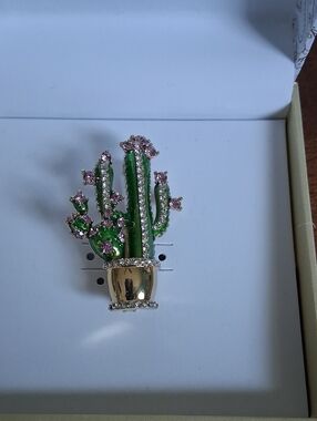 Cactus Brooch by Cactus with Green Enamel & Pink Crystals
